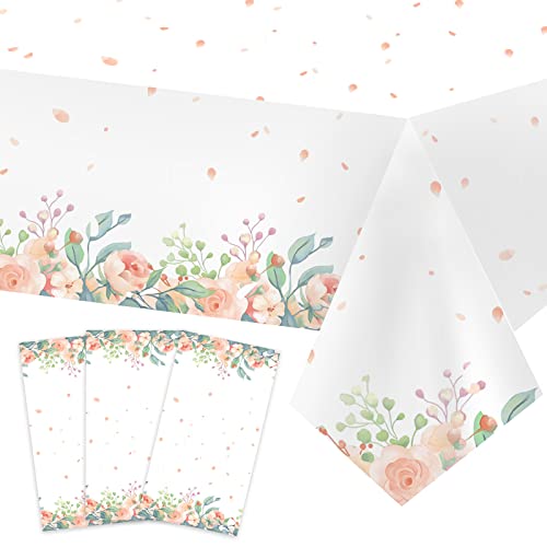 3 Pack Floral Baby Shower Decorations For Girl，Rectangular Plastic Party Tablecloths with Pink Floral Patterns( 108"x54"）,Table Cover for Birthdays,Weddings,Tea Party and Girl Baby Shower Decorations