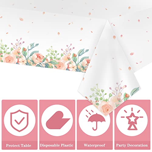 3 Pack Floral Baby Shower Decorations For Girl，Rectangular Plastic Party Tablecloths with Pink Floral Patterns( 108"x54"）,Table Cover for Birthdays,Weddings,Tea Party and Girl Baby Shower Decorations