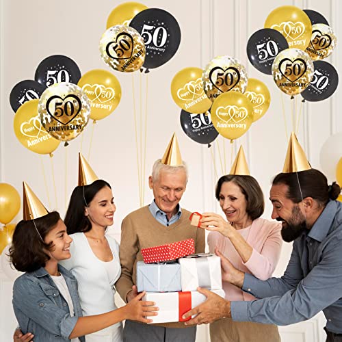 30pcs 50th Anniversary Decorations Balloons Kit, 12 Inch Black Gold Happy 50 Wedding Anniversary Latex Confetti Balloons Party Supplies, 50 Year Anniversary Theme Indoor Outdoor Decor