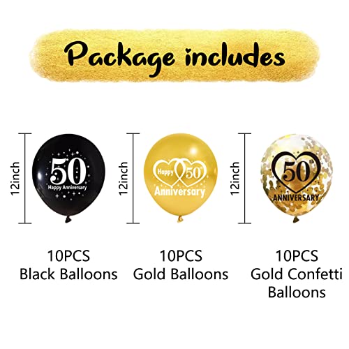 30pcs 50th Anniversary Decorations Balloons Kit, 12 Inch Black Gold Happy 50 Wedding Anniversary Latex Confetti Balloons Party Supplies, 50 Year Anniversary Theme Indoor Outdoor Decor