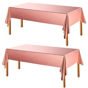 2pcs rose gold plastic tablecloth rose gold tinsel foil table cover disposable rectangular metallic tablecloth rose gold party supplies decorations for bachelorette, baby shower, wedding table decor