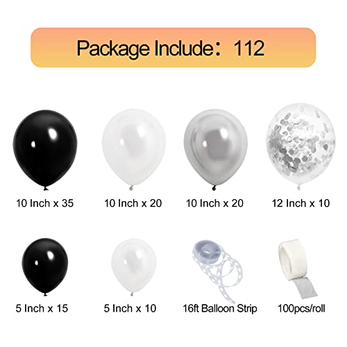 Black Silver White Balloons Garland Arch Kit, 112Pcs Black White and Metallic Silver Confetti Latex Balloons Party Decorations for Birthday Graduation Wedding Bridal Shower Theme Decor