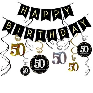 leohome 50th birthday decorations kit- gold glitter happy birthday banner & sparkling celebration 50 hanging swirls-50th anniversary decorations