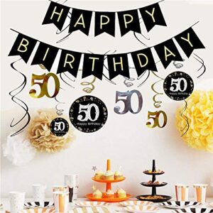 LeoHome 50th Birthday Decorations Kit- Gold Glitter Happy Birthday Banner & Sparkling Celebration 50 Hanging Swirls-50th Anniversary Decorations