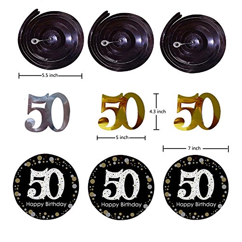 LeoHome 50th Birthday Decorations Kit- Gold Glitter Happy Birthday Banner & Sparkling Celebration 50 Hanging Swirls-50th Anniversary Decorations