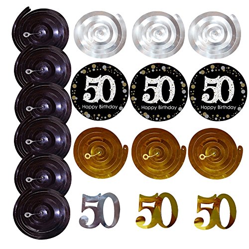 LeoHome 50th Birthday Decorations Kit- Gold Glitter Happy Birthday Banner & Sparkling Celebration 50 Hanging Swirls-50th Anniversary Decorations