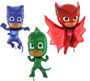 set of 3 foil shape character balloons – catboy, gekko & owlette – children’s party supplies