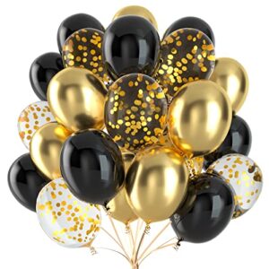 Black and Gold Confetti Balloons 60 Pack-12 Inch Black and Gold Confetti Metallic Chrome Latex Balloons for Graduation Ceremony Birthday Bachelor Engagement Wedding Baby Shower Party Decorations