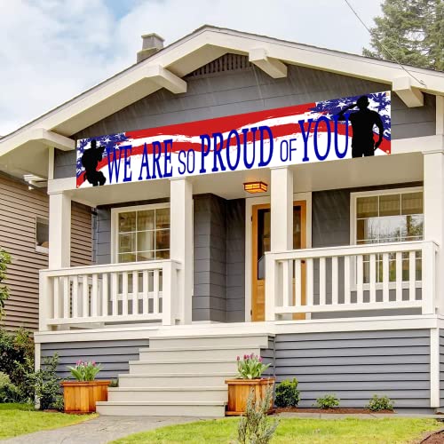 American Flag Patriotic Soldier We are So Proud of You Banner,Patriotic Theme Veterans Day 4th of July Memorial Day Deployment Returning Back Military Army Homecoming Party Decoration (Proud)