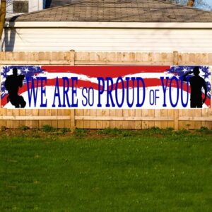 American Flag Patriotic Soldier We are So Proud of You Banner,Patriotic Theme Veterans Day 4th of July Memorial Day Deployment Returning Back Military Army Homecoming Party Decoration (Proud)
