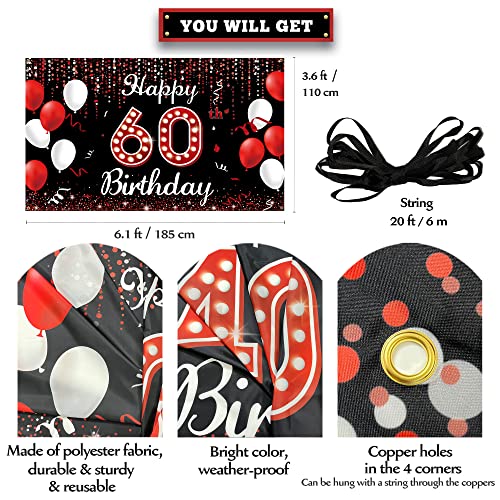 60th Birthday Decoration Banner Backdrop, Happy 60th Birthday Decorations for Women, Red Black White 60 Years Old Birthday Party Photo Booth Props, 60 Birthday Sign for Outdoor Indoor, Fabric Vicycaty