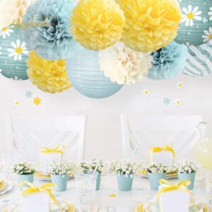 NICROLANDEE 12Pcs Yellow Blue Daisy Paper Lanterns Tissue Pom Poms Table Confetti 50G for Daisy Party, Boho First Birthday, Garden Party, Wedding, Baby Shower, Bridal Shower, Easter Decor