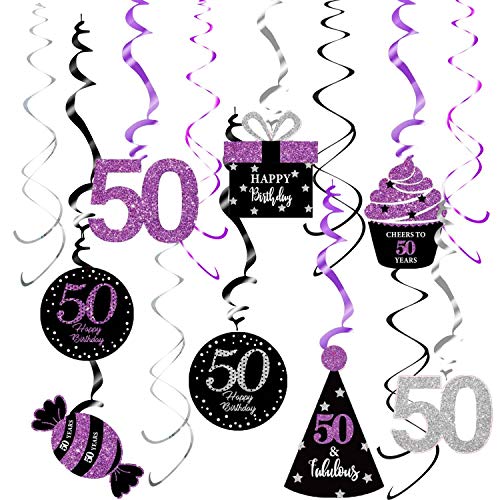 50th Birthday Decorations for Women Purple Silver Black Qian’s Party Purple Silver Black Foil Hanging Swirls Decorations 50th Birthday Party Hanging Decor – Women 50th Birthday Party Decoration Swirls - Set of 15