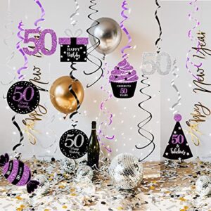 50th Birthday Decorations for Women Purple Silver Black Qian’s Party Purple Silver Black Foil Hanging Swirls Decorations 50th Birthday Party Hanging Decor – Women 50th Birthday Party Decoration Swirls - Set of 15