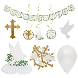 baptism decorations party set with hanging swirls, god bless banner, balloons, confetti, centerpiece (58 pieces)