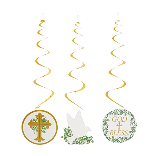 Baptism Decorations Party Set with Hanging Swirls, God Bless Banner, Balloons, Confetti, Centerpiece (58 Pieces)