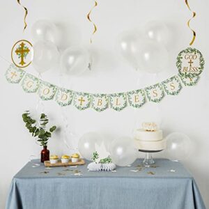 Baptism Decorations Party Set with Hanging Swirls, God Bless Banner, Balloons, Confetti, Centerpiece (58 Pieces)