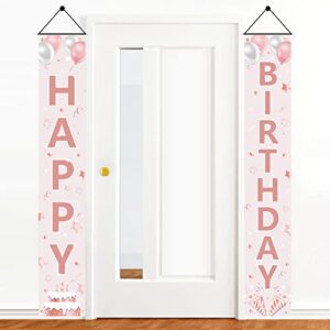 pink and rose gold happy birthday door banner decorations for girls women, happy birthday porch sign party supplies, sweet 16th 21st 30th 40th 50th 60th birthday decor for indoor outdoor