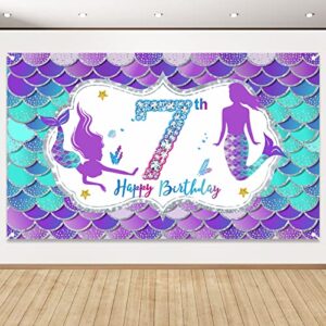 mermaid 7th birthday banner decorations for girls, little mermaid themed happy 7 year old birthday background party supplies, under the sea 7 bday sign decor for outdoor indoor