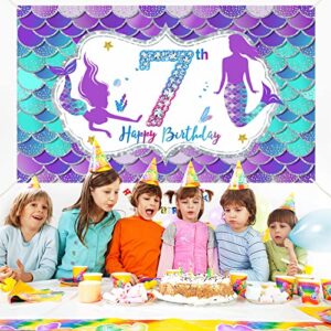 Mermaid 7th Birthday Banner Decorations for Girls, Little Mermaid Themed Happy 7 Year Old Birthday Background Party Supplies, Under The Sea 7 Bday Sign Decor for Outdoor Indoor