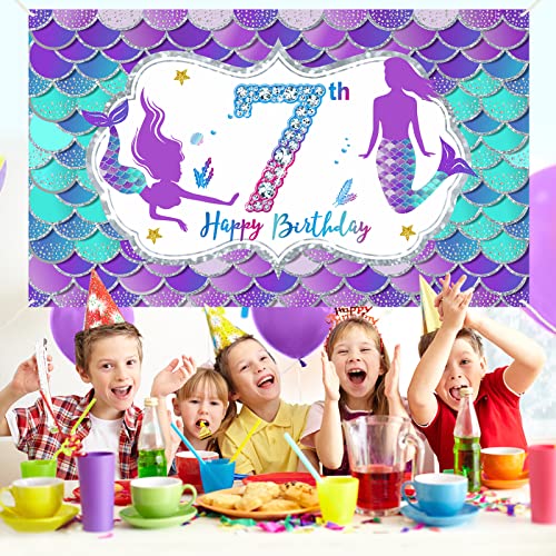 Mermaid 7th Birthday Banner Decorations for Girls, Little Mermaid Themed Happy 7 Year Old Birthday Background Party Supplies, Under The Sea 7 Bday Sign Decor for Outdoor Indoor