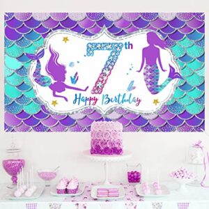 Mermaid 7th Birthday Banner Decorations for Girls, Little Mermaid Themed Happy 7 Year Old Birthday Background Party Supplies, Under The Sea 7 Bday Sign Decor for Outdoor Indoor