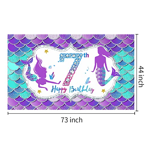 Mermaid 7th Birthday Banner Decorations for Girls, Little Mermaid Themed Happy 7 Year Old Birthday Background Party Supplies, Under The Sea 7 Bday Sign Decor for Outdoor Indoor