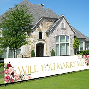 will you marry me banner decorations, bridal shower party porch sign decorations supplies, large wedding engagement party photo booth backdrop (9.8×1.6ft)