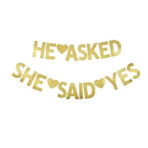 he asked she said yes banner, gold glitter paper sign for wedding, engagement, bridal shower party decorations
