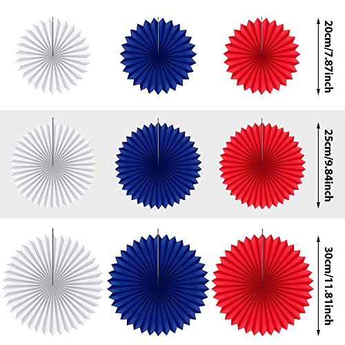 9 Pieces Halloween Christmas Party Hanging Paper Fans Round Decorative Paper Garlands Photo Booth Backdrops Decorations for Celebration Wedding Birthday Carnival Party Decor (Blue, Red, White)