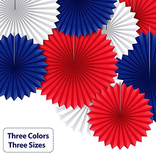 9 Pieces Halloween Christmas Party Hanging Paper Fans Round Decorative Paper Garlands Photo Booth Backdrops Decorations for Celebration Wedding Birthday Carnival Party Decor (Blue, Red, White)