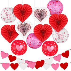 anvavo 6 pieces valentines day paper lanterns 6 pieces red heart party hanging paper fans 2 strings hearts shaped felt garland banner with fishing line, valentines day decor party decoration supplies
