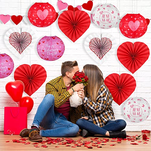 ANVAVO 6 Pieces Valentines Day Paper Lanterns 6 Pieces Red Heart Party Hanging Paper Fans 2 Strings Hearts Shaped Felt Garland Banner with Fishing Line, Valentines Day Decor Party Decoration Supplies