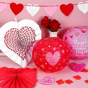 ANVAVO 6 Pieces Valentines Day Paper Lanterns 6 Pieces Red Heart Party Hanging Paper Fans 2 Strings Hearts Shaped Felt Garland Banner with Fishing Line, Valentines Day Decor Party Decoration Supplies