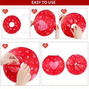 ANVAVO 6 Pieces Valentines Day Paper Lanterns 6 Pieces Red Heart Party Hanging Paper Fans 2 Strings Hearts Shaped Felt Garland Banner with Fishing Line, Valentines Day Decor Party Decoration Supplies