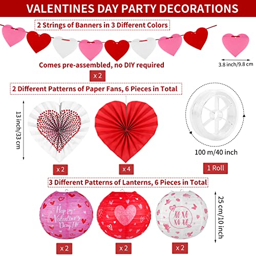 ANVAVO 6 Pieces Valentines Day Paper Lanterns 6 Pieces Red Heart Party Hanging Paper Fans 2 Strings Hearts Shaped Felt Garland Banner with Fishing Line, Valentines Day Decor Party Decoration Supplies