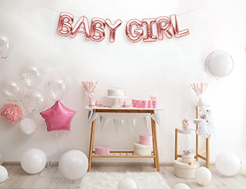 PartyForever Rose Gold Letters BABY GIRL Balloon Banner Gender Reveal and Baby Shower Party Decorations