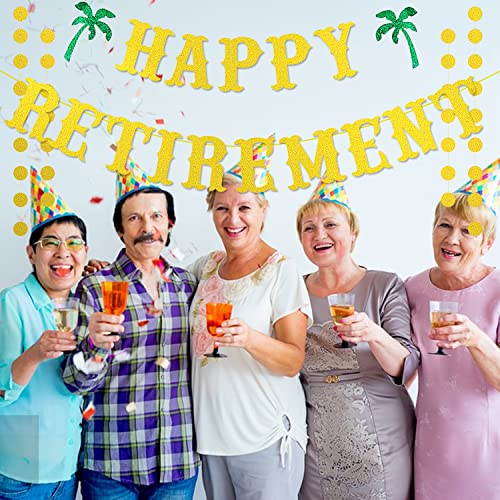 Beach Retirement Party Decorations, Gold Glitter Happy Retirement Banner & Circle Dots Garland, Beach Theme Going Away Farewell Party Decorations, Summer Beach Theme Retired Banner for Men Women Retirement Party Decor