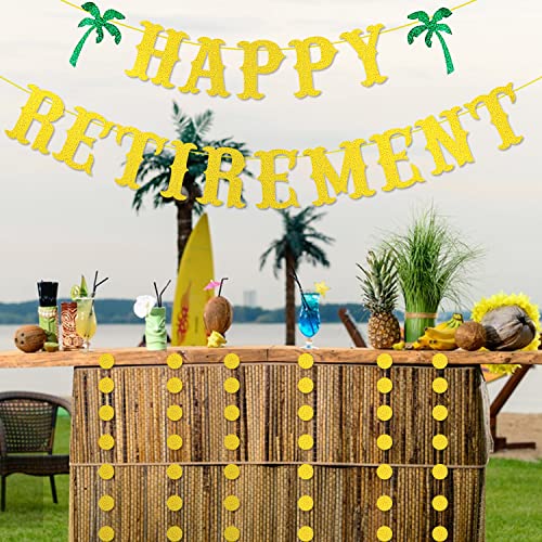 Beach Retirement Party Decorations, Gold Glitter Happy Retirement Banner & Circle Dots Garland, Beach Theme Going Away Farewell Party Decorations, Summer Beach Theme Retired Banner for Men Women Retirement Party Decor