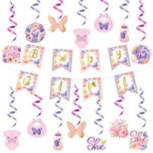 japbor 21pcs butterfly baby shower hanging swirls decorations for girl, floral butterfly baby girls gender reveal party banner set, it’s a girl birthday purple pink butterflies hang decor supplies
