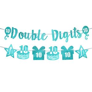 excelloon double digits banner 10th birthday decorations – green glitter ten years old birthday banner cake gift star decorations – happy 10 year old birthday party supplies