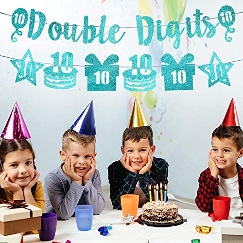 Excelloon Double Digits Banner 10th Birthday Decorations - Green Glitter Ten Years Old Birthday Banner Cake Gift Star Decorations - Happy 10 Year Old Birthday Party Supplies