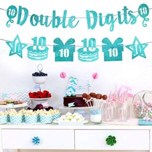 Excelloon Double Digits Banner 10th Birthday Decorations - Green Glitter Ten Years Old Birthday Banner Cake Gift Star Decorations - Happy 10 Year Old Birthday Party Supplies