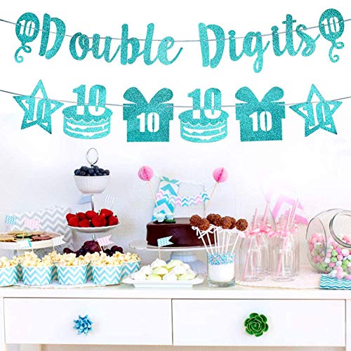 Excelloon Double Digits Banner 10th Birthday Decorations - Green Glitter Ten Years Old Birthday Banner Cake Gift Star Decorations - Happy 10 Year Old Birthday Party Supplies