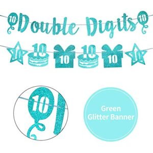 Excelloon Double Digits Banner 10th Birthday Decorations - Green Glitter Ten Years Old Birthday Banner Cake Gift Star Decorations - Happy 10 Year Old Birthday Party Supplies