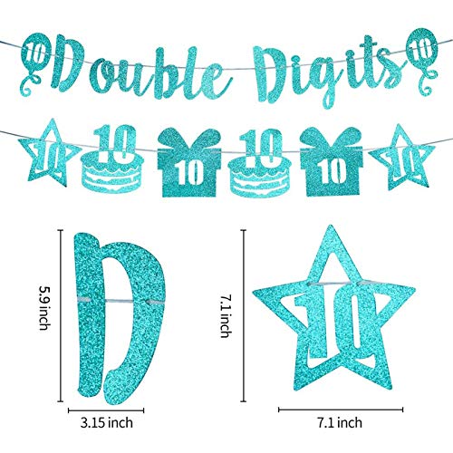 Excelloon Double Digits Banner 10th Birthday Decorations - Green Glitter Ten Years Old Birthday Banner Cake Gift Star Decorations - Happy 10 Year Old Birthday Party Supplies