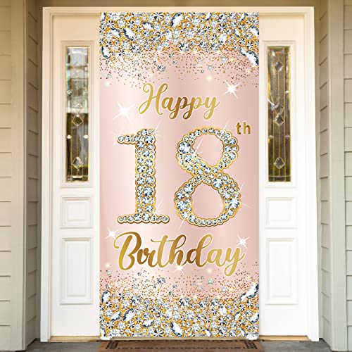 Happy 18th Birthday Door Banner Decorations for Girls, Rose Gold 18 Birthday Party Door Cover Backdrop Sign Supplies, Pink 18 Year Old Birthday Poster Decor for Indoor Outdoor Photo Booth Props