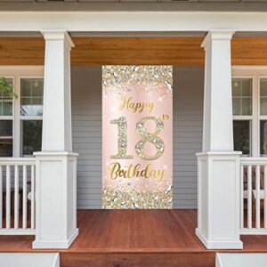 Happy 18th Birthday Door Banner Decorations for Girls, Rose Gold 18 Birthday Party Door Cover Backdrop Sign Supplies, Pink 18 Year Old Birthday Poster Decor for Indoor Outdoor Photo Booth Props