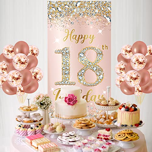 Happy 18th Birthday Door Banner Decorations for Girls, Rose Gold 18 Birthday Party Door Cover Backdrop Sign Supplies, Pink 18 Year Old Birthday Poster Decor for Indoor Outdoor Photo Booth Props