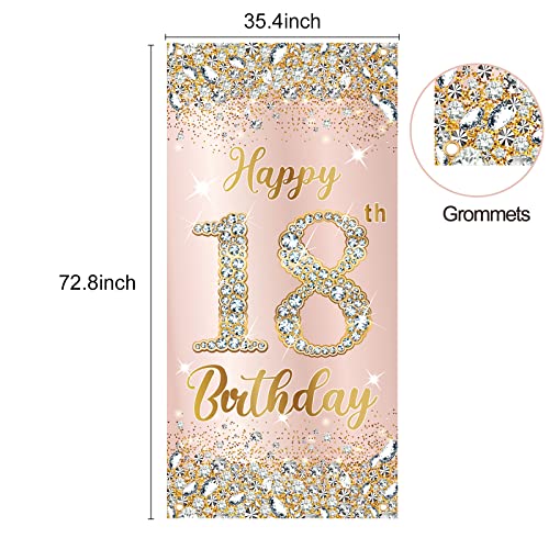 Happy 18th Birthday Door Banner Decorations for Girls, Rose Gold 18 Birthday Party Door Cover Backdrop Sign Supplies, Pink 18 Year Old Birthday Poster Decor for Indoor Outdoor Photo Booth Props